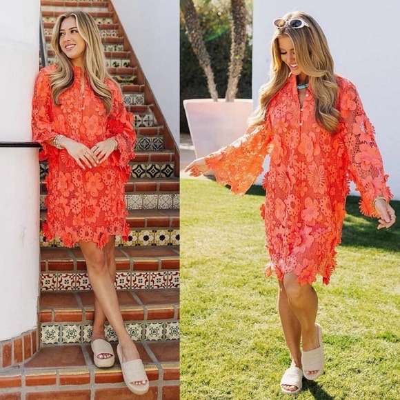 J. Marie Seraphina Floral 3d Lace Coral Shift Dress Size M Nwt